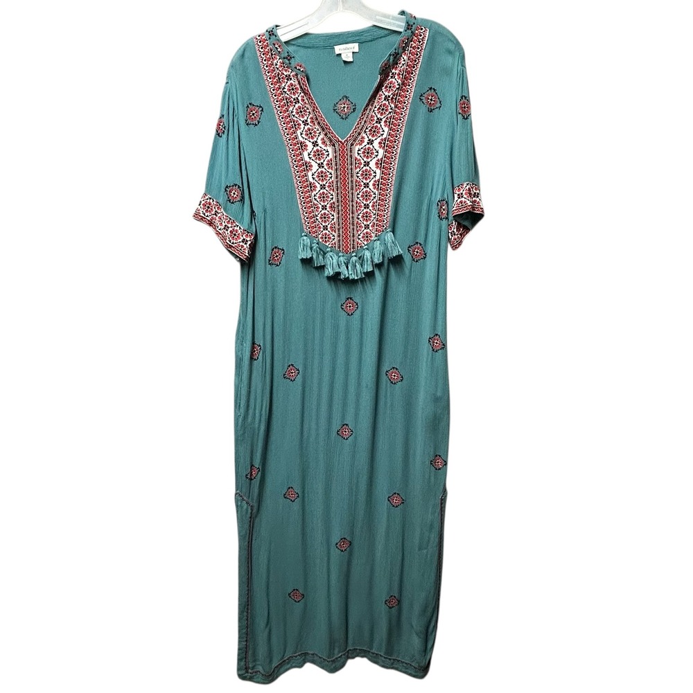 Sundance Maxi Dress Women's M Teal Blue Aztec Tasseled V Neck Slit Hem Embroider